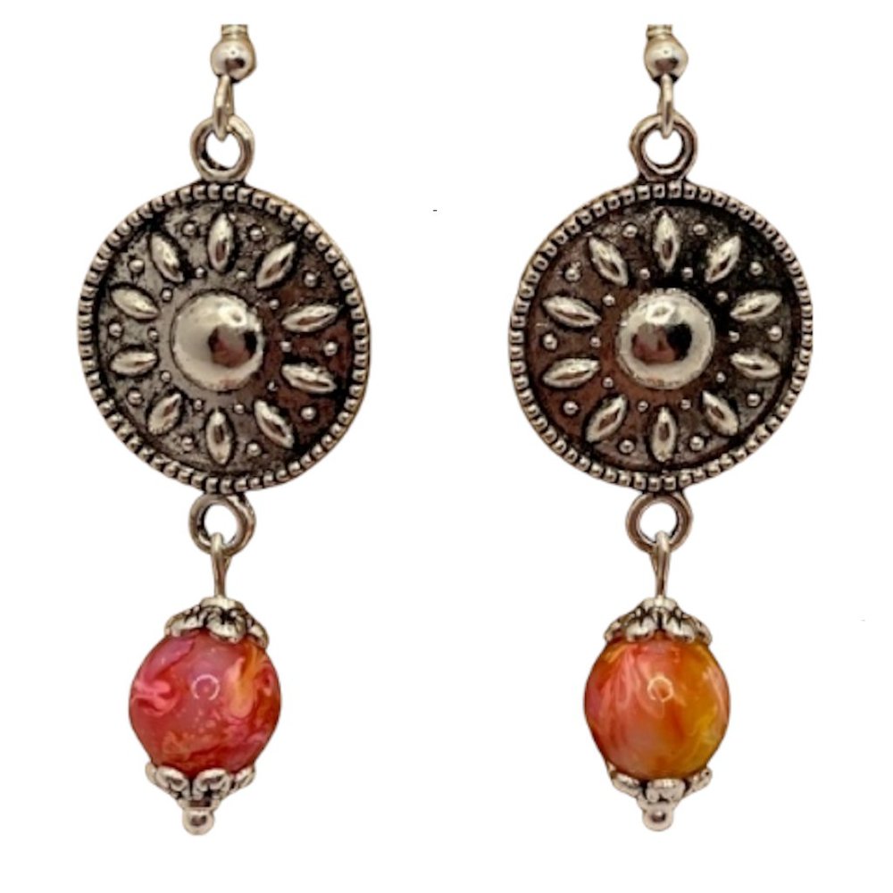 Orange and Pink Marble Bead and Silver Pendant - Medium Length Drop Earrrings